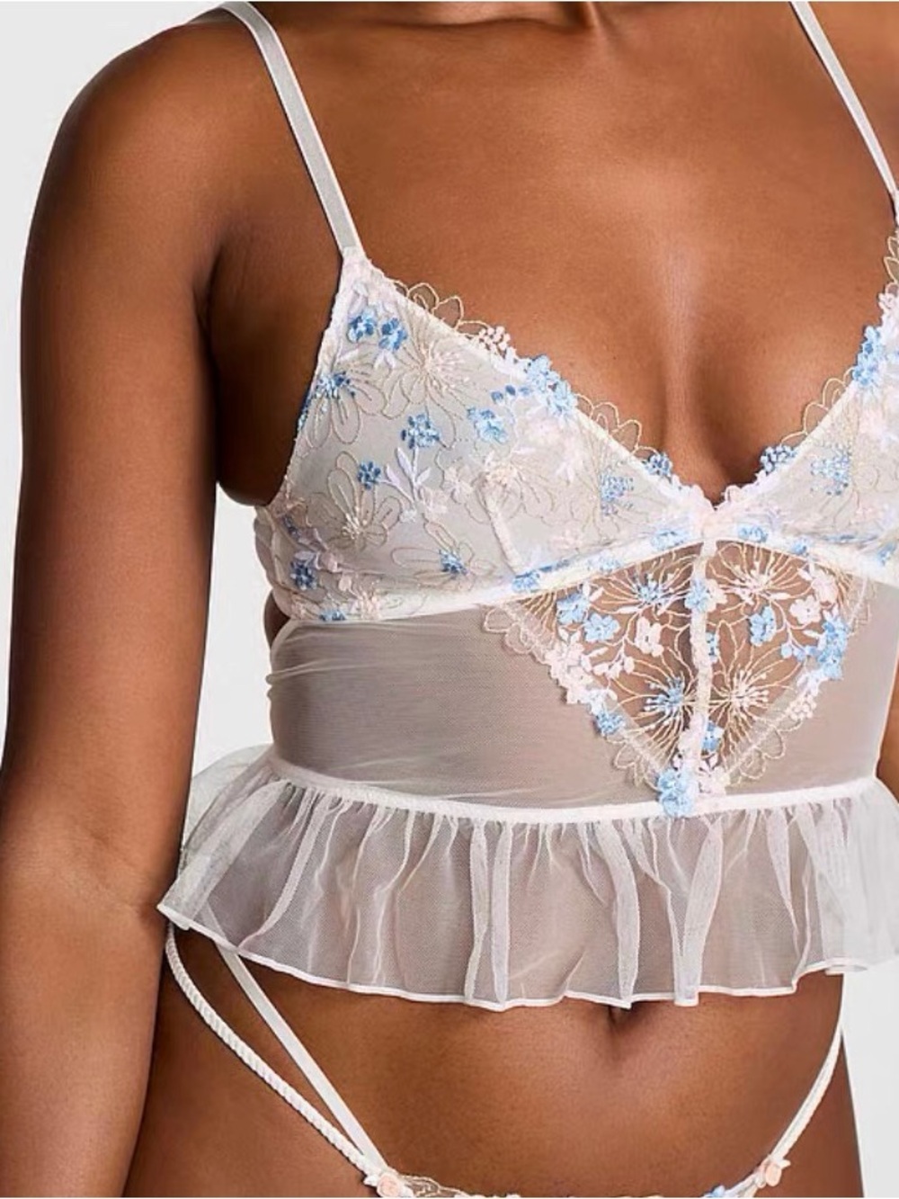 Victoria's Secret White Sheer Lace Bralette with Light Blue Floral Embroidery